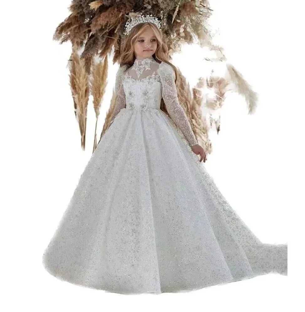 Robe de princesse de queue moelleuse en dentelle robe de banquet de fille de fleur performance