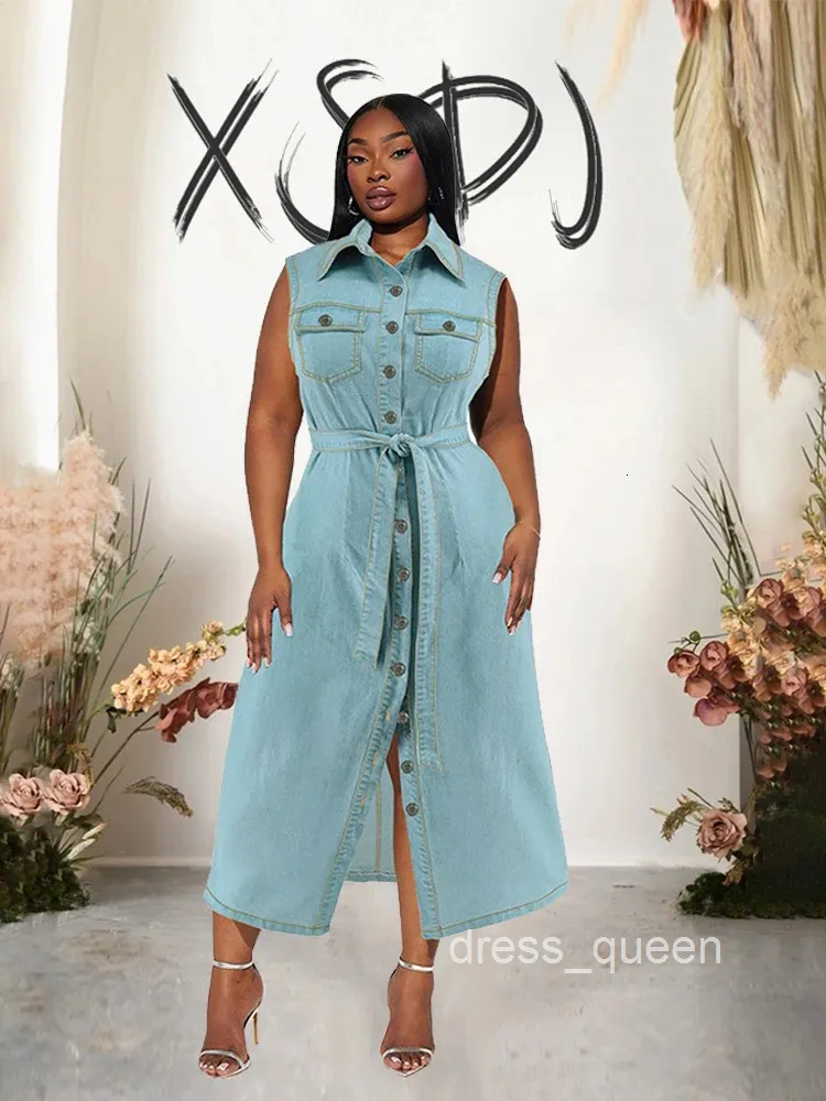 Jean Dress Casual Dress With Cardigan Women Sleeveless Summer Dress  Cardigan With Lace Up Casual Sky