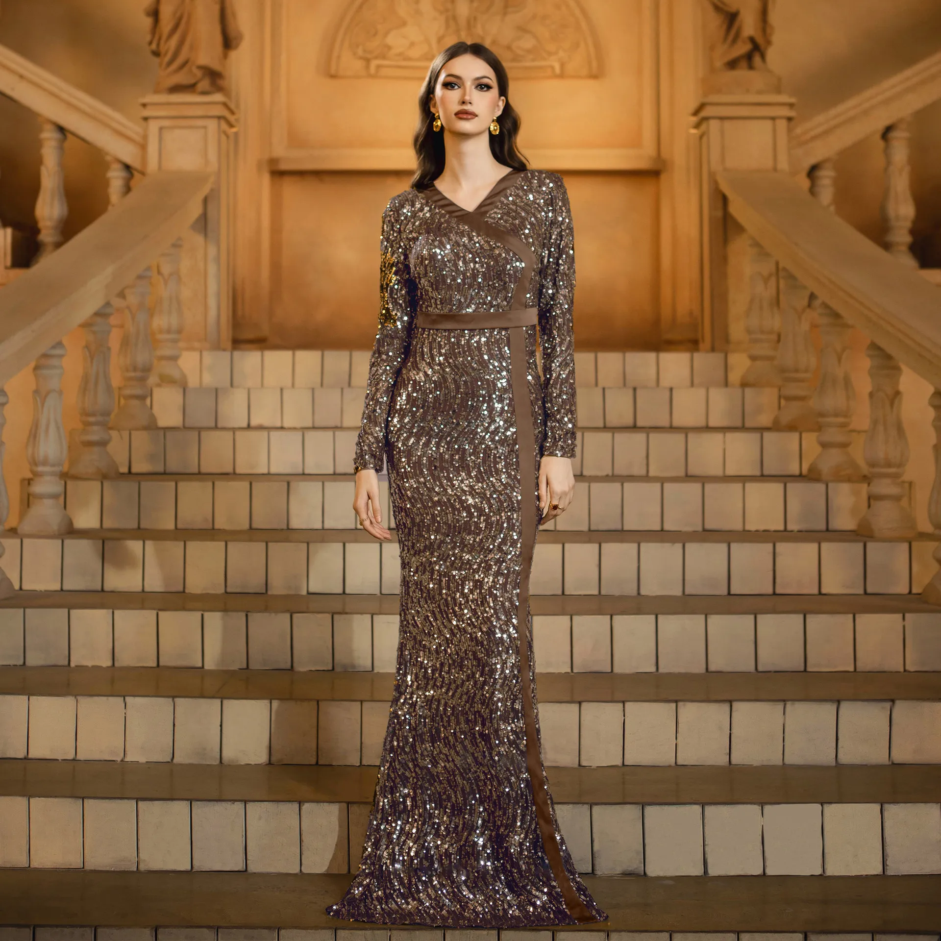 green emerald velvet dress Primavera Couture 3916 Long Fitted Sequin Ombre Prom Dress Backless Corset Slit Formal Gown 4 / Emerald