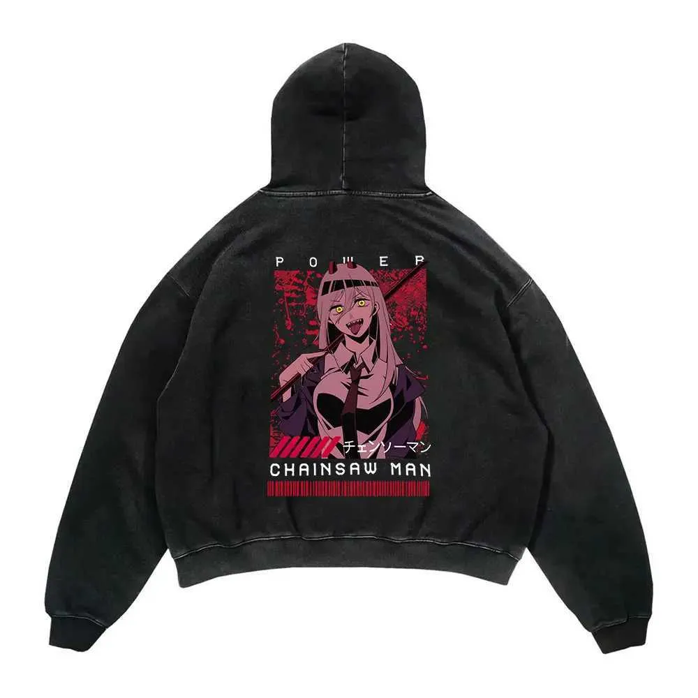 Anime Chainsaw Man Retro Washed Hoodie Black Denji Print Knit