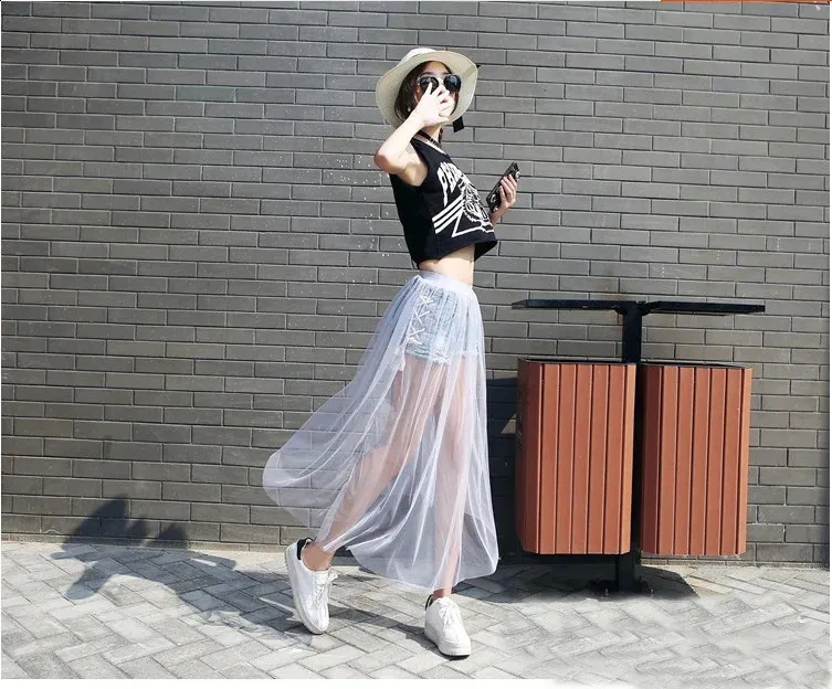 Elegant Womens Maxi Skirt Sheer Mesh Voile Long Skirt In Classic