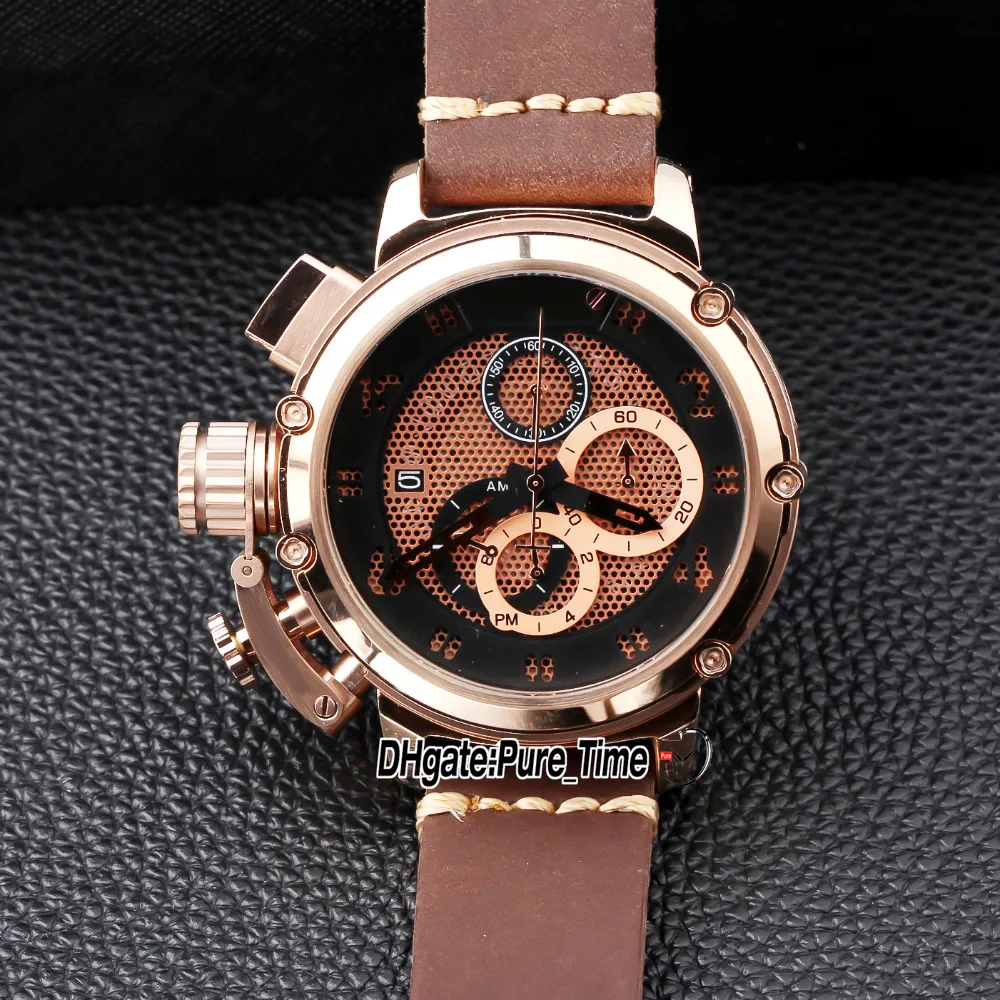 Bronze Skeleton Chronograph Watch with Brown Dial Leather Strap for Men  Left Handed U51 Chimera 7474 Quartz