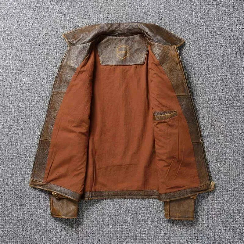 Mens Rugged Genuine Leather Jacket Natural Cowhide American