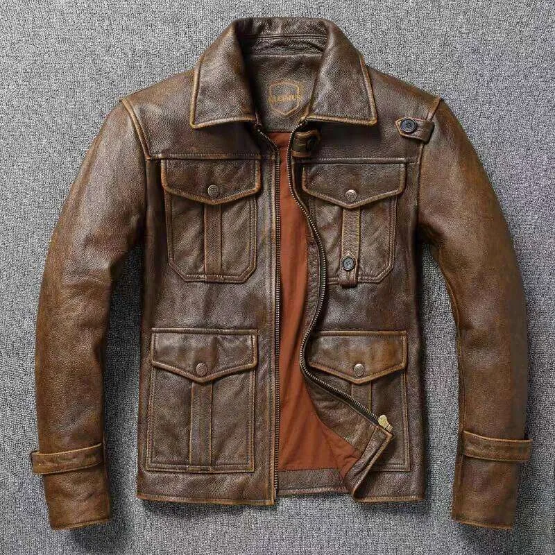 Mens Rugged Genuine Leather Jacket Natural Cowhide American