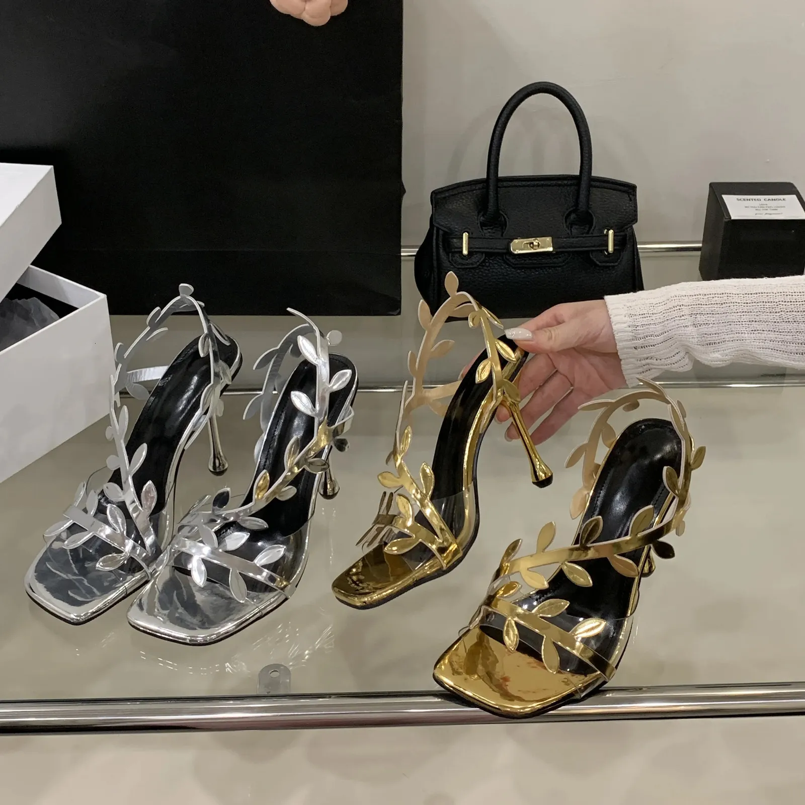 Sexy Ladies PVC Summer Sandals Gold Silver Square Toe Heels With Leaf  Design For Party Wedding Dress Shoes From Gou03, $29.9 In Bulk | DHgate.Com