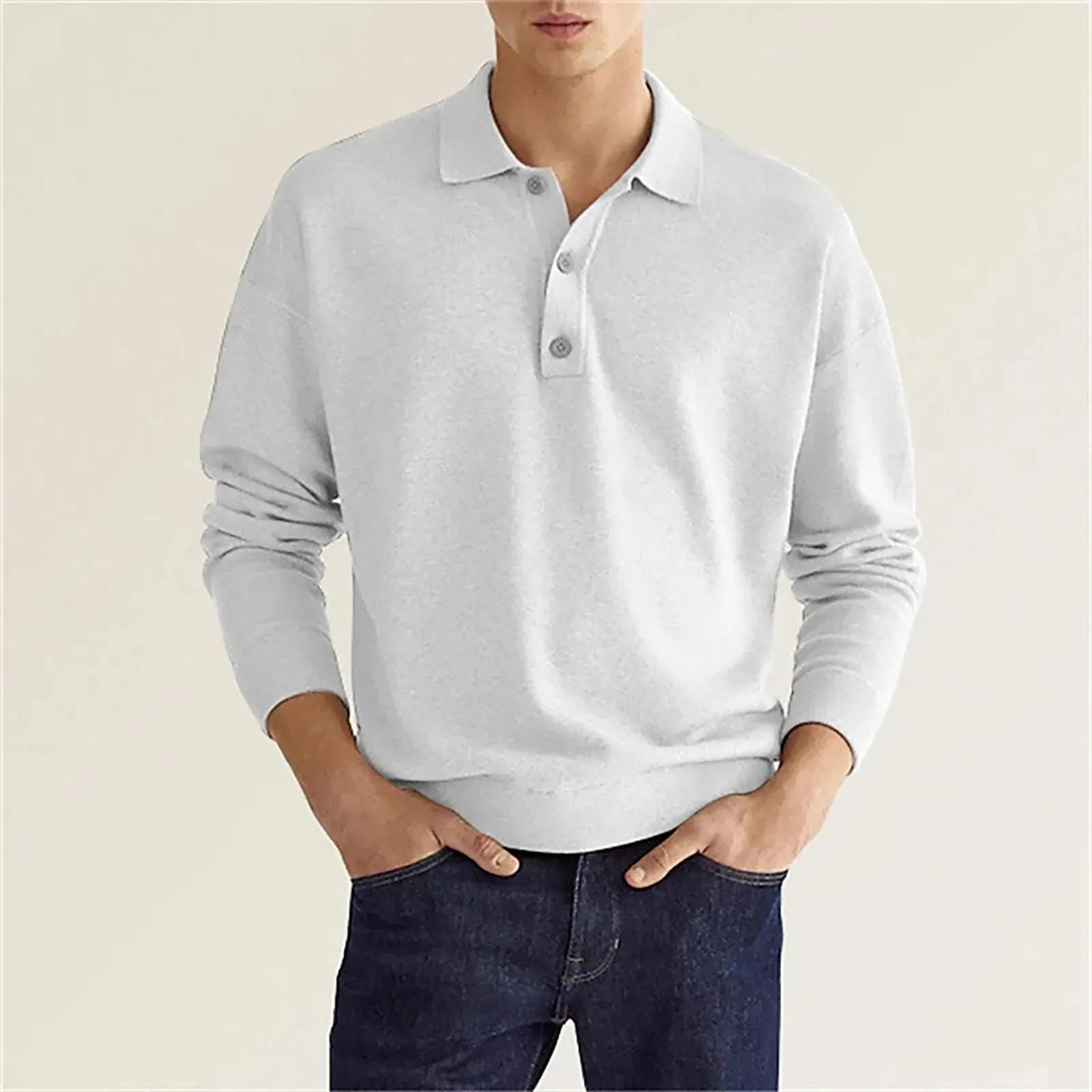 Elegant Mens Formal Polo: Lightweight Long Sleeve Solid Color V