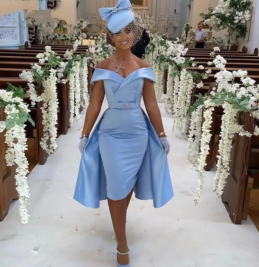 petite blue dresses for wedding Sky Blue Satin Off Shoulder Mother Of The Bride... From  Donnaweddingdress12, $76.89