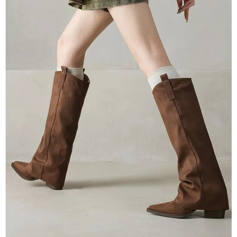 Knee High Heels Women Leather Chunky Fashion Shoes Pointed Toe Snow Long Boots Pumps Punk Chelsea Botas Mujer 251126_voghion.com