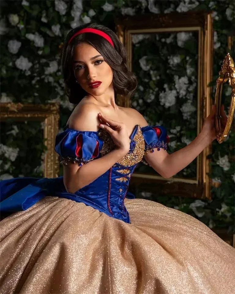 Shiny Gold Snow White Princess Quinceanera Dresses Off Shoulder Applique Lace Bow Contrast Color Tull Corset Vestidos 15 De Anos Crystals Beaded Shiny Gold Snow White Princess Quinceanera Dresses Off Shoulder Applique Lace Bow Contrast Color Tull Corset Vestidos 15 De Anos Crystals Beaded