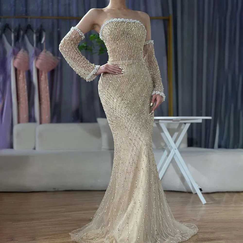 Elegant Arabic Strapless Sparkly Evening Dress with Beaded Dress and Gloves for Formal Occasions - Customizable Robe de Soiree Mariee Luxe (Style 1209