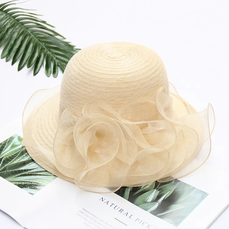 Adjustable Organza Fedora with Removable Flowers, Wide Brim Sun Hat Elegant Organza Sun Hat: Ladies Summer Flowers, Wide Brim  main image 4