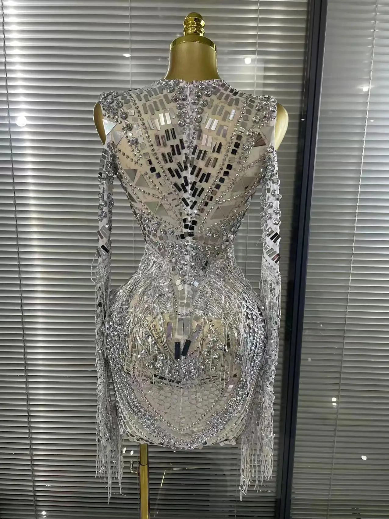silver mesh dress long sleeve Luxury Pearl Sheer Mesh Bodycon Maxi Dress Long Sleeve Bodycon Formal Sparkly Rhinestone Evening Party Pageant Gown Stage Wear