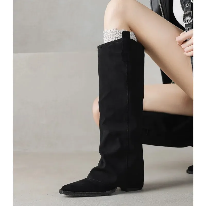 Knee High Heels Women Leather Chunky Fashion Shoes Pointed Toe Snow Long Boots Pumps Punk Chelsea Botas Mujer 251126_voghion.com