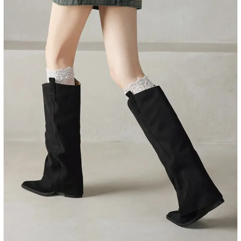 Knee High Heels Women Leather Chunky Fashion Shoes Pointed Toe Snow Long Boots Pumps Punk Chelsea Botas Mujer 251126_voghion.com
