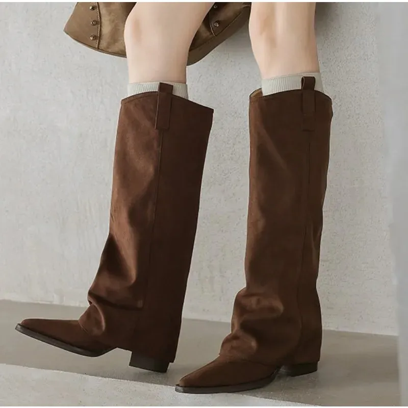 Knee High Heels Women Leather Chunky Fashion Shoes Pointed Toe Snow Long Boots Pumps Punk Chelsea Botas Mujer 251126_voghion.com