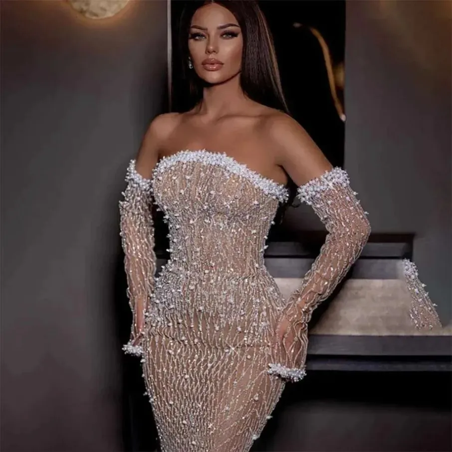 Elegant Arabic Strapless Strapless Evening Dress with Beaded Dress and Gloves for Formal Occasions - Customizable in Bla Mal