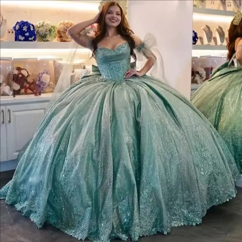 Shiny Princess Quinceanera Dresses With Bow Back LaceApplique Ball