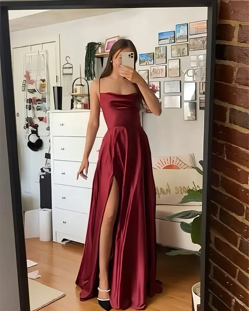 casual satin maxi dress SOLERSUN Women's Elegant Asymmetrical Neck Solid Color Long Shoulder Strap Casual Satin Dress Yellow Satin Dress Satin Maxi Dress