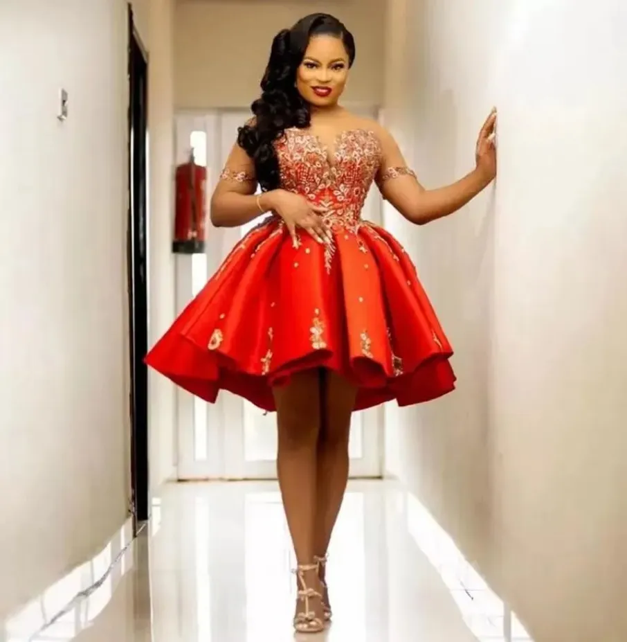 Orange Red Satin Puffy Short Prom Dresses Sheer Neck Beaded Short Sleeves  Cocktail Party Evening Gowns Vestidos De Fiesta New 1201 From 142,99  |  DHgate