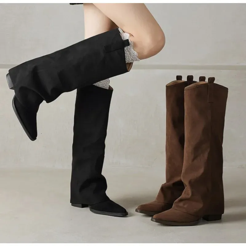 Knee High Heels Women Leather Chunky Fashion Shoes Pointed Toe Snow Long Boots Pumps Punk Chelsea Botas Mujer 251126_voghion.com