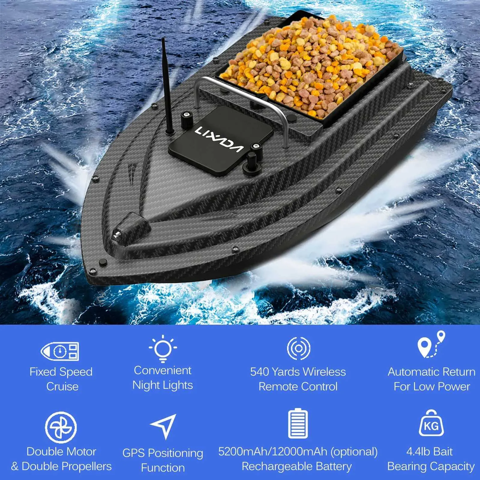 Bateau Pêche Rc Garbenat Bateau Appât Télécommandé Garbenat 600m - GPS 2 Moteurs 5200mAh LED 7 Couleurs Pêche RC Bateau Amorceur Peche Carpe