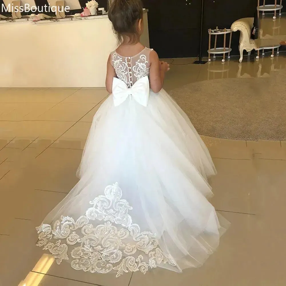 White Lace Childrens Bridesmaid Dresses with Big Bow for Girls - Perfect for Princesses, First Communion, and Kids Parties (MC2223)