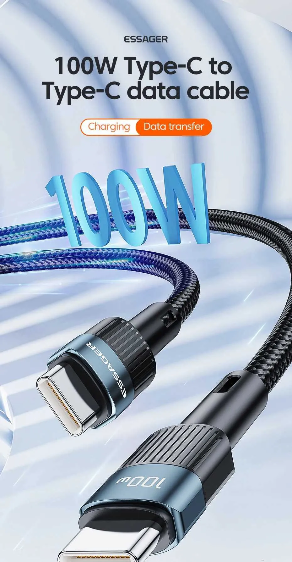 Essager USB-C To USB-C Cable - PD 100W 5A Fast Charging & Data Sync - Nylon Braided - 0.5m To 3m (Black/Blue)