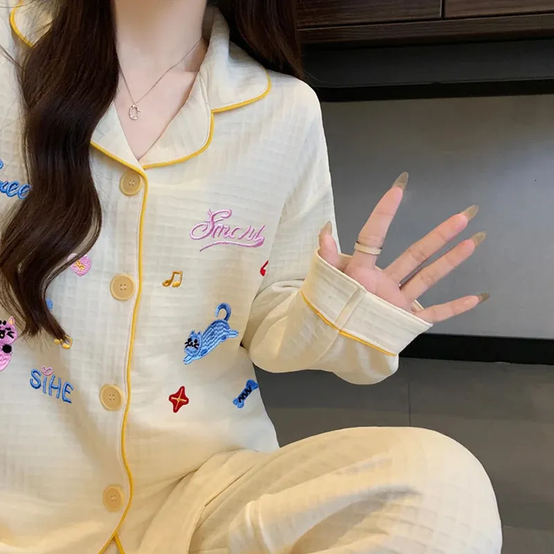 Embroidery Letter Cute Cartoon Womens Acrylic Pajamas Set with Lapel ...
