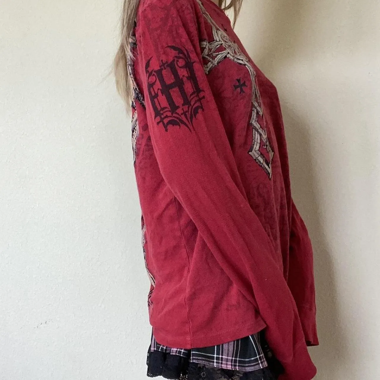 Y2K Grunge Emo Long Sleeve Tee - Cyber Goth Patchwork Top, 2000s