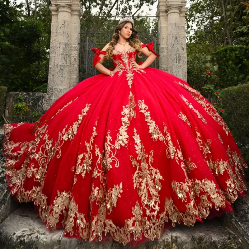 red quinceanera dresses with corset Off-Shoulder Quinceanera Ball Gown Glitter Tulle Corset Dress with Ruffled Skirt by Layla K LK296