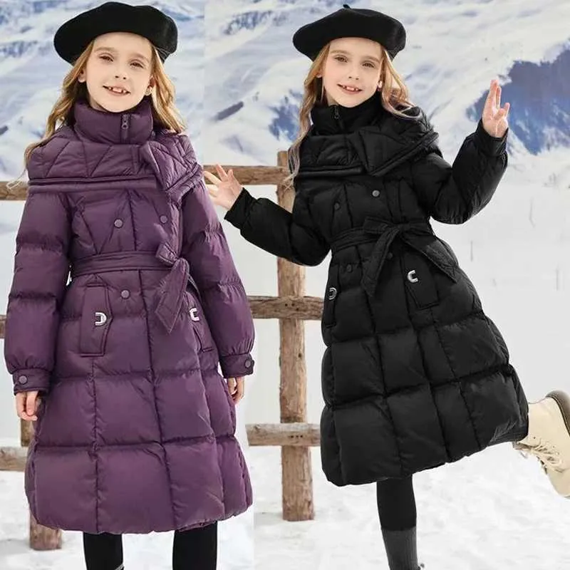 Hooded winter trench coat for kids 5-10 years, cotton white goose