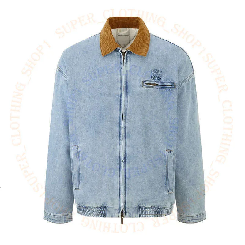 Miu unisex down jacket with letter embroidery cotton denim zipper