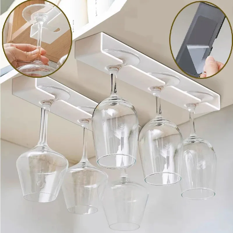 Estante Para Copas De Vino Bajo Gabinete - 2 Piezas | Organizador Colgante Sin Clavos | Ahorra Espacio En Cocina Y Bar | Blanco