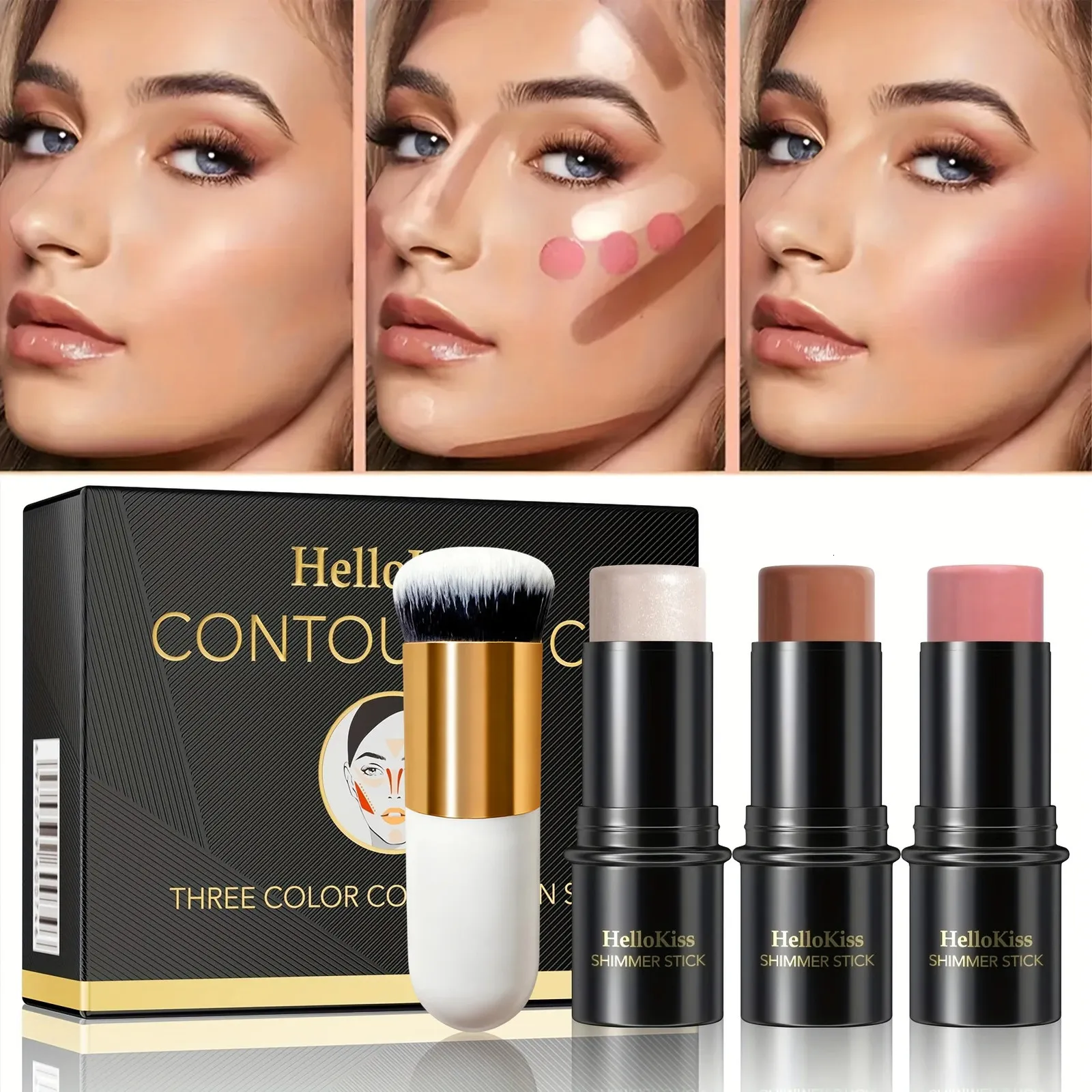 Contour Stick Set Cream Highlighter Bronzer Blush with Highlight Brush ...