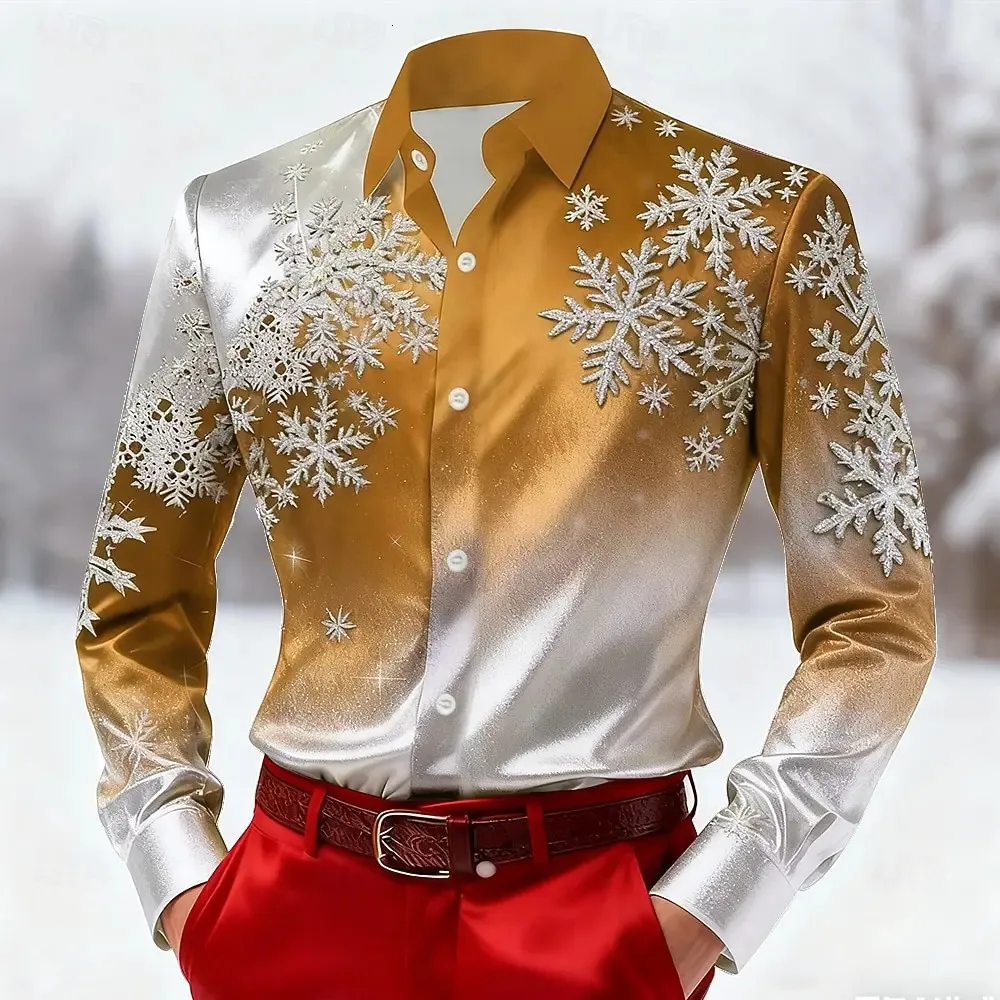 christmas color dress shirts Christmas Men's Snowflake Gradient Color Shirt Satin Shirt Dress Shirt Long Sleeve Fashion Casual Outdoor Holiday