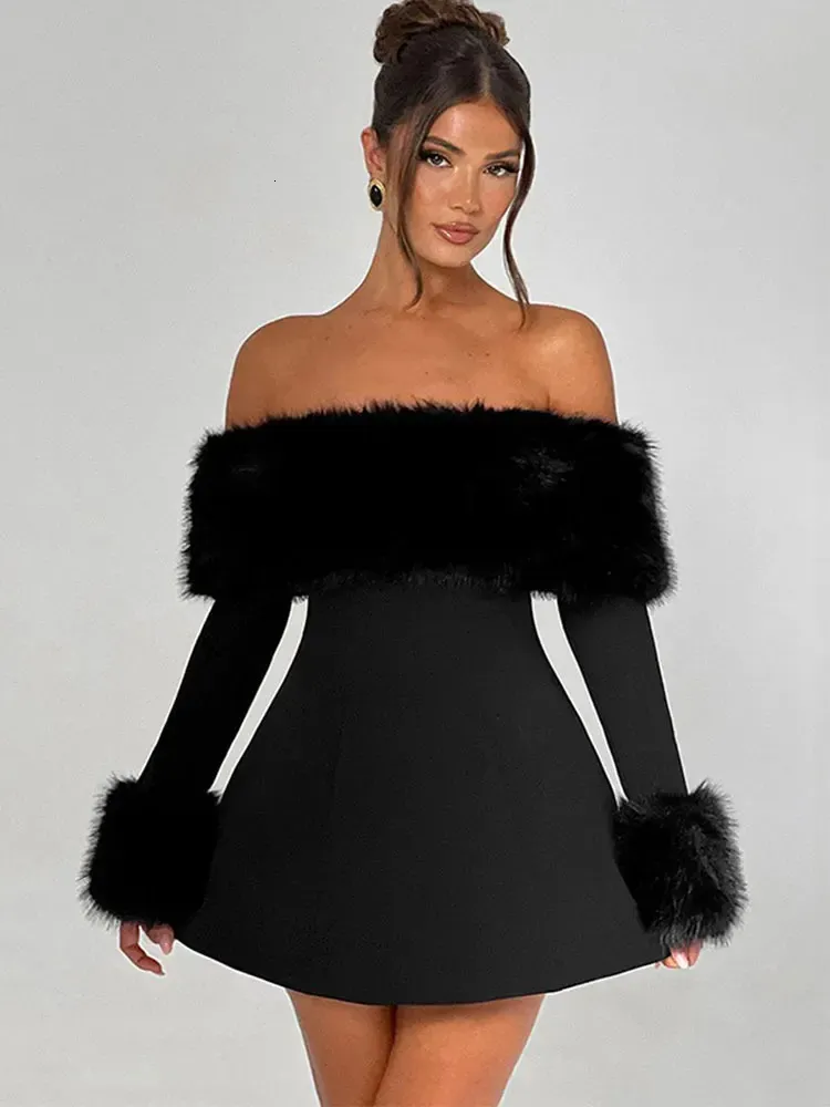black dress with fur trim Off Shoulder Faux Midi Black / 6 and the matching Eve opera Margarida Black Lace Maxi Dress