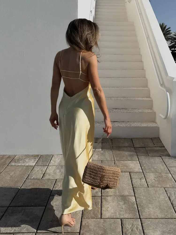 yellow satin backless dress i ss with V-Neck and Sling Detail Crafted from luxurious satin Cowl Back White Ruched Halter Backless Color:Other Colors