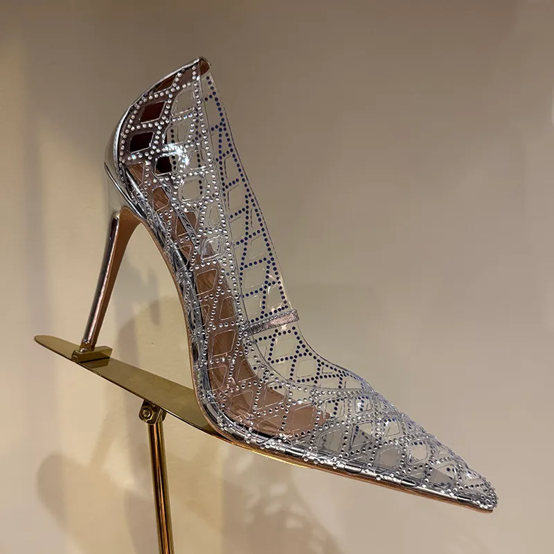 womens evening dress shoes Women's White Stone Detailed Transparent Heeled Evening Dress Shoes