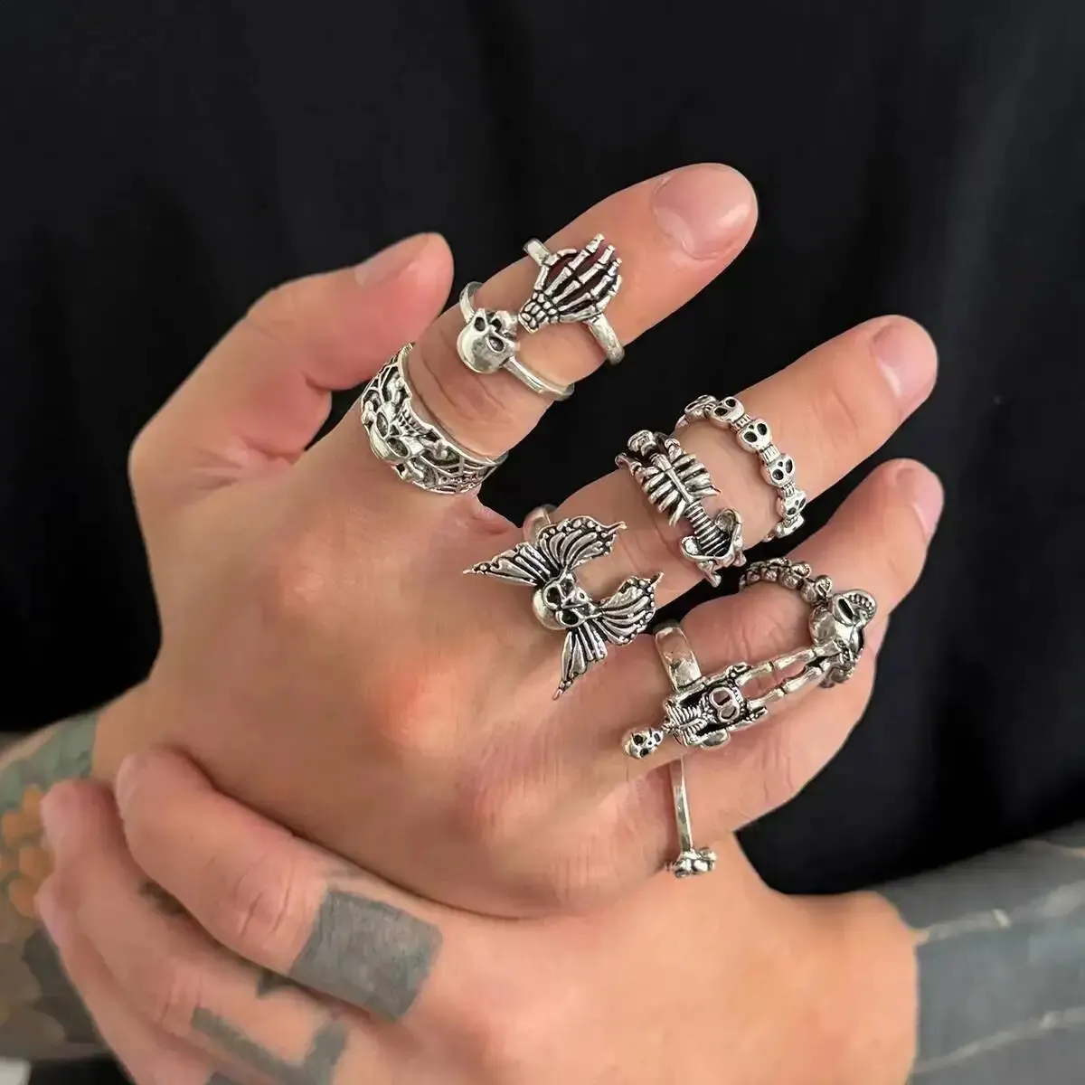 Gothic Skull Rings Set Horn Material Onyx Stone Silver Color Stackable ...