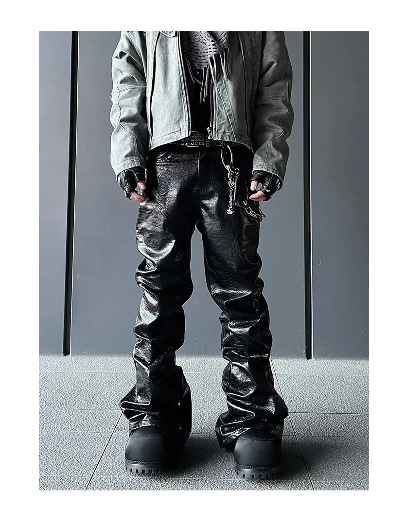 Mauroicardi Black Crocodile Print PU Leather Pants From Cong00