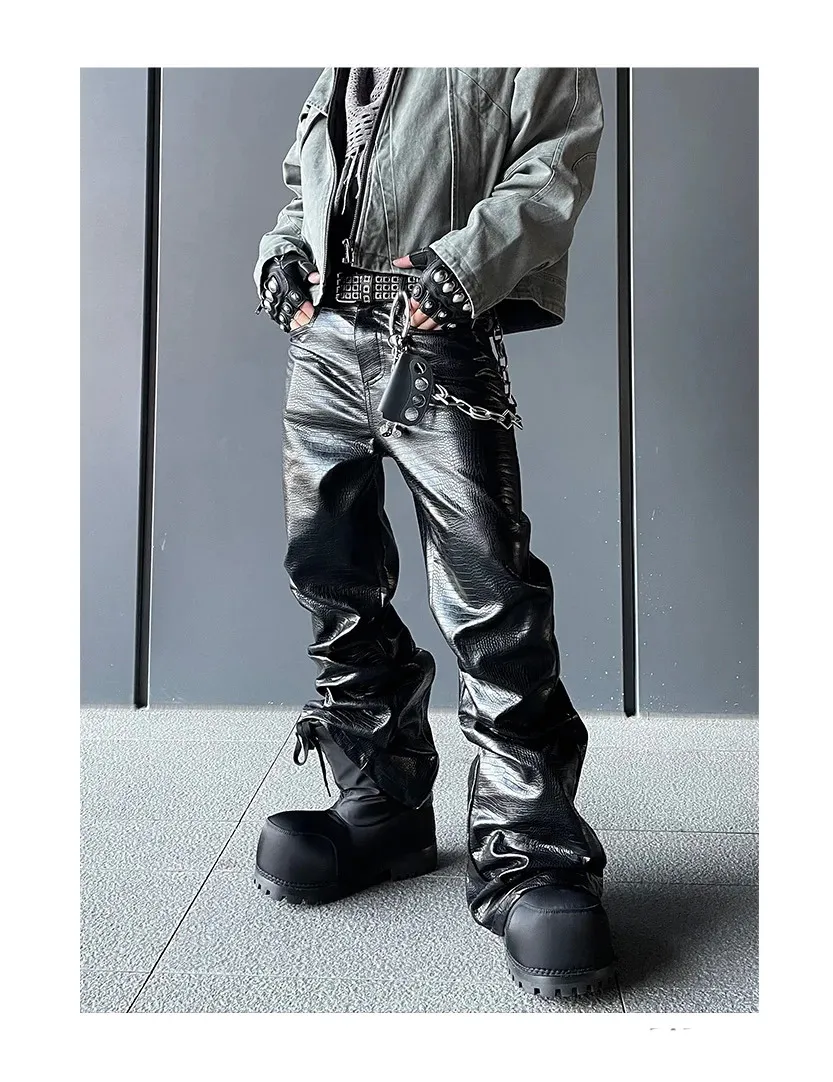 Mauroicardi Black Crocodile Print PU Leather Pants From Cong00