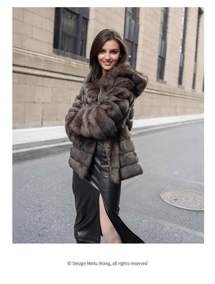 Russian Mink Fur Coat with Hood Double-Breasted Purple Faux Fur 