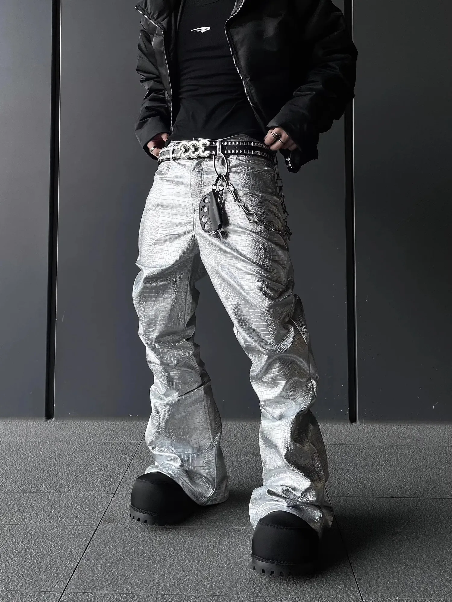 Mauroicardi Black Crocodile Print PU Leather Pants From Cong00