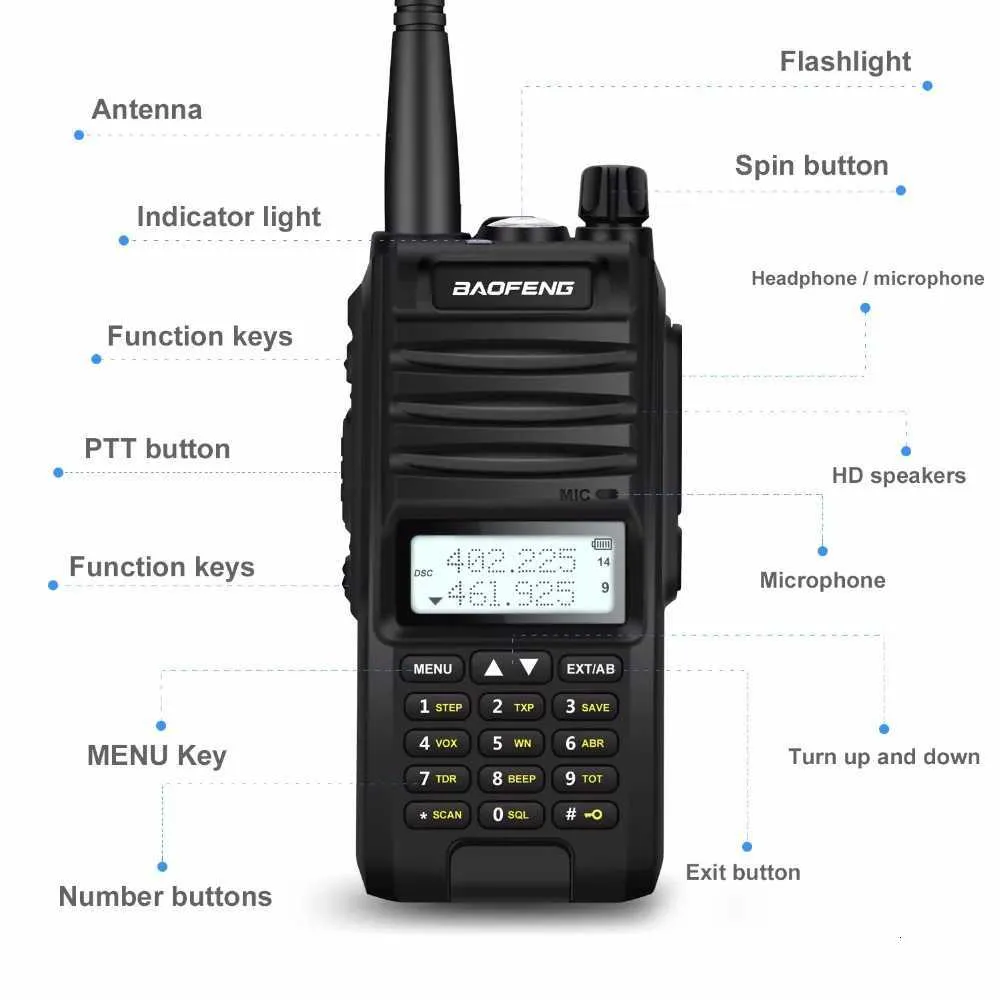 Walkie Talkie Baofeng BF-F11 de 10 W, IP67, resistente al agua, tribanda, FM, VOX, 128 canales, linterna, DTMF, alarma de emergencia bidireccional._voghion.com