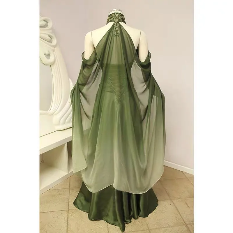 Victorian Fantasy Elves Prom Green Prom dress with Wrap and Lace Appliques Corset - Sage Green Long Retro Evening Party Gown for Women - Masquerade