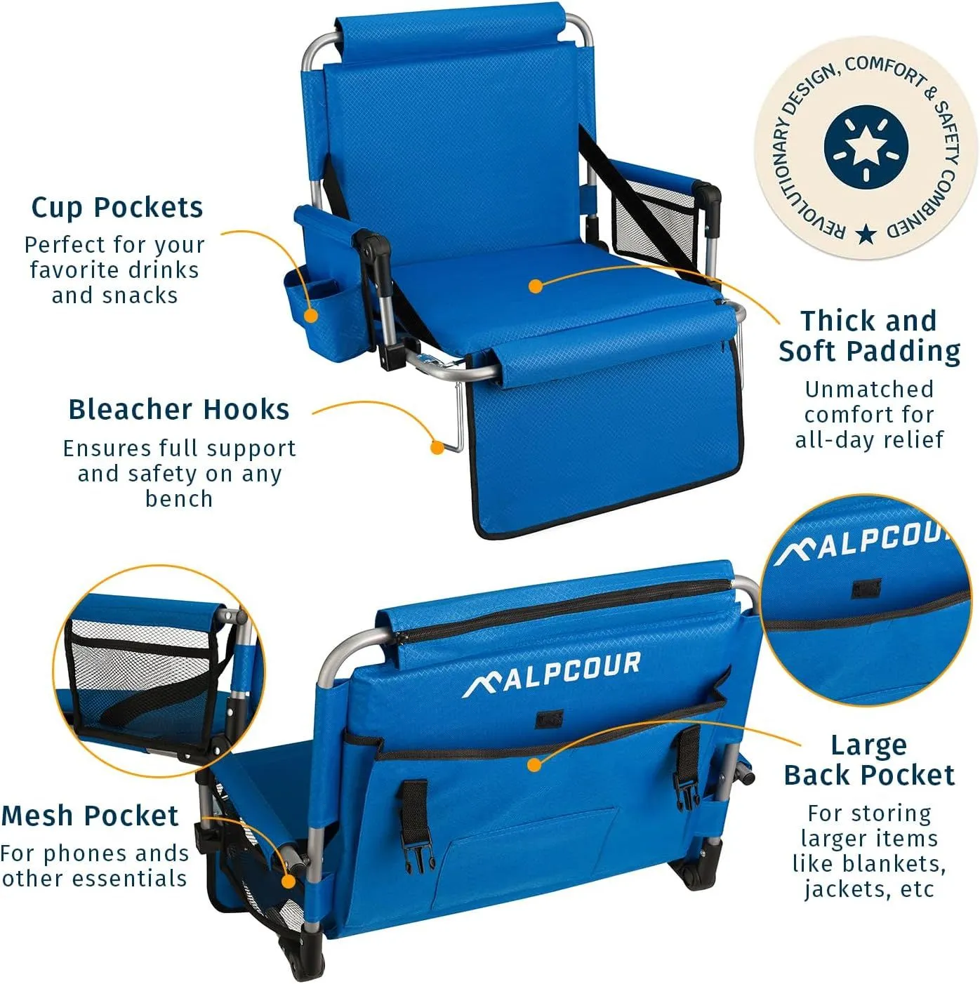 Stadium bleacher chair with padded seat and back, drink holder, zip