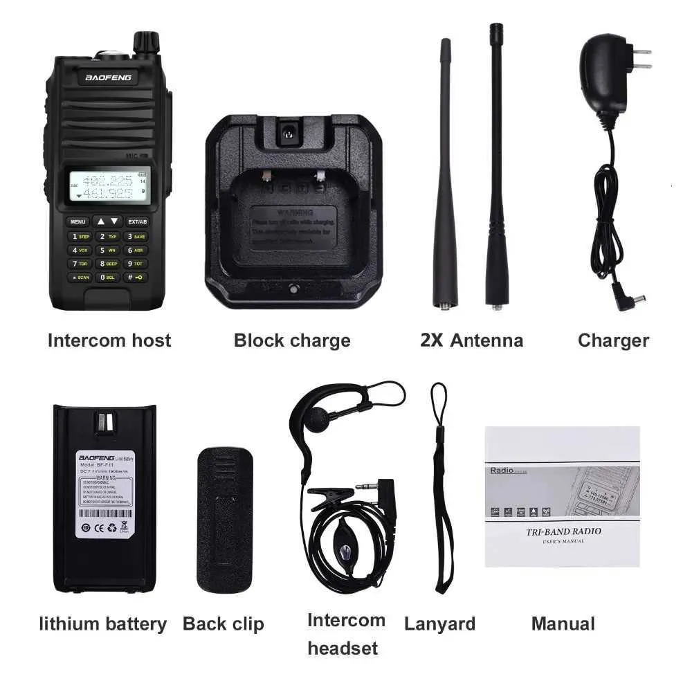 Walkie Talkie Baofeng BF-F11 de 10 W, IP67, resistente al agua, tribanda, FM, VOX, 128 canales, linterna, DTMF, alarma de emergencia bidireccional._voghion.com