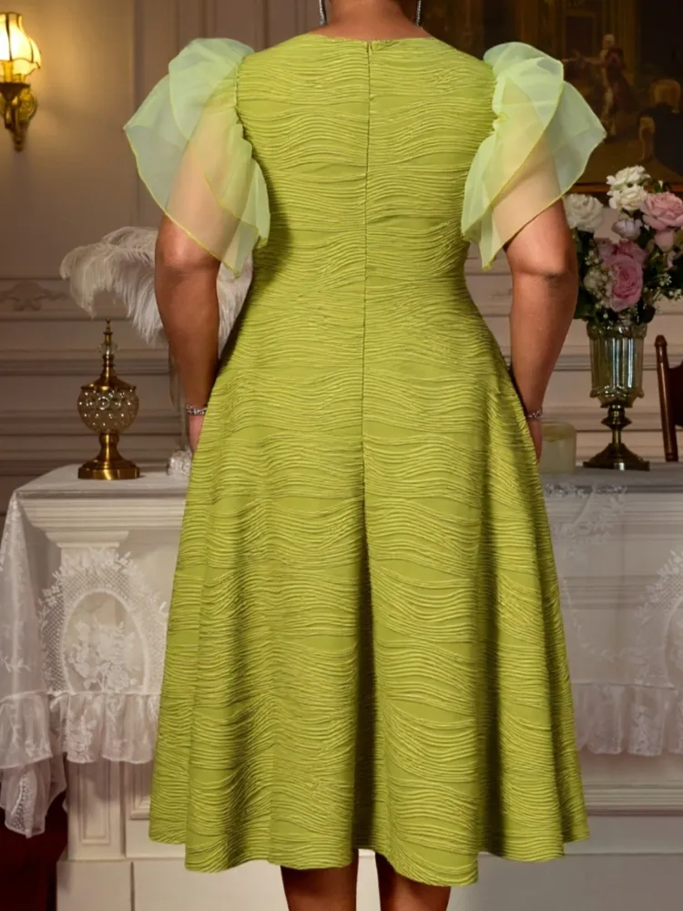 Elegant Asymmetrical Neck Short Puff Sleeve Water Ripple Patchwork Organza  Pleated Midi Dress Women Party A Line Evening Gown From 16,5  | DHgate