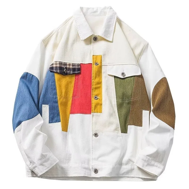 Block Style Jacket Vintage Hip Hop Streetwear Jacket Color Block Patchwork Jacket Men ...