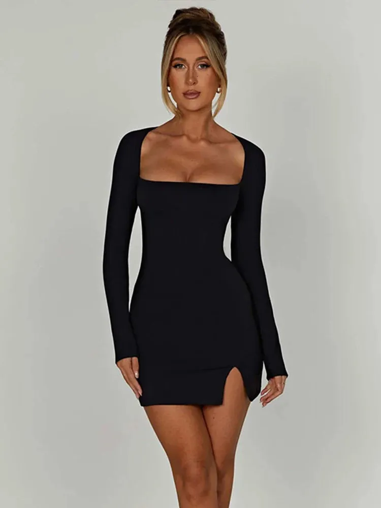Black Lace-up Mini open back dress with Split Sleeves and Backless Design for Women - Fashionable Autumn Streetwear and Casual Slimming - Style 250812